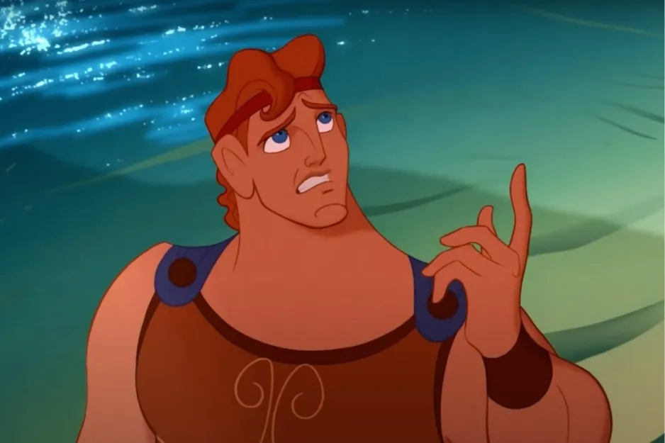 Hercules animated character with red hair and blue eyes looking up near sparkling water at night.