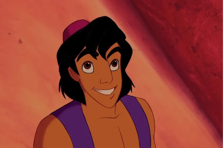 Aladdin smiling with a mischievous look, wearing a purple vest and hat, in a warm-toned animated scene.