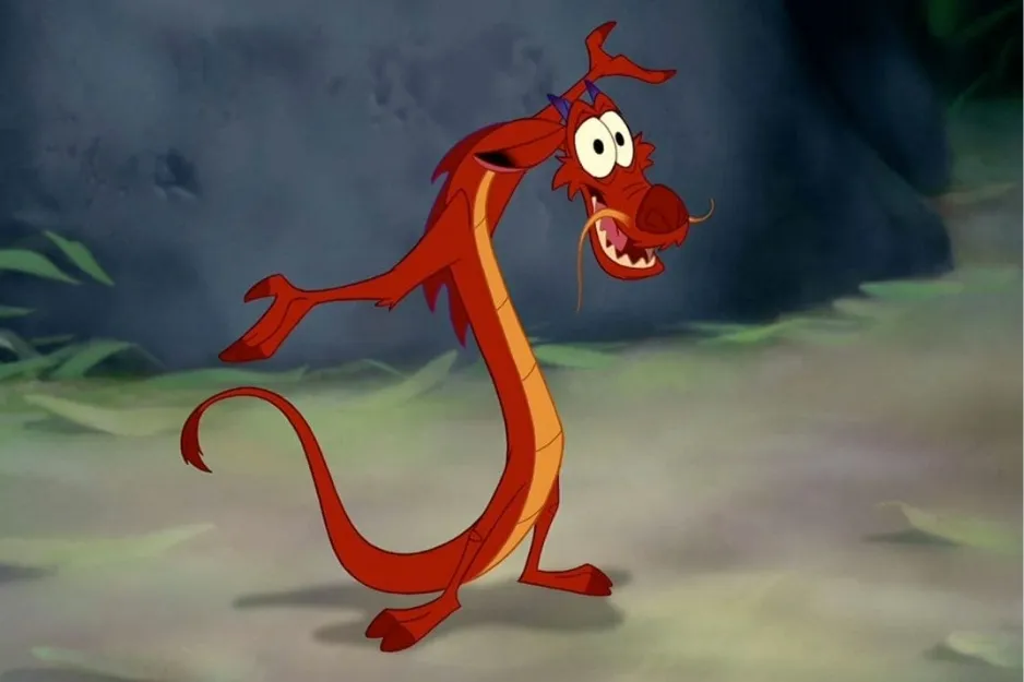 Mushu, the red animated dragon character, standing with a surprised expression in a misty outdoor setting.
