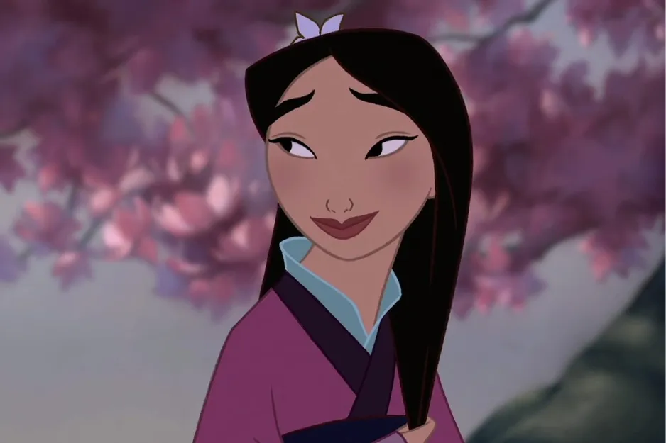 Mulan character smiling gently with long dark hair and cherry blossoms blurred in the background in animated style.