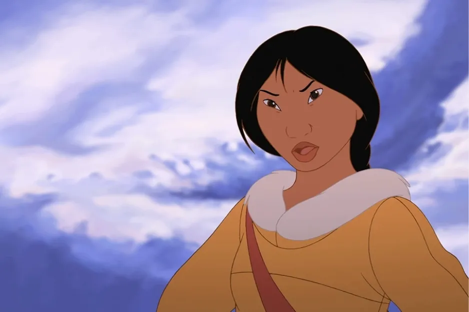 Nita character from an animated film wearing a fur-collared yellow outfit against a cloudy sky background.