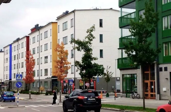 By Complete Coincidence, The Trees Along This Street Matched The Colors Of The Buildings