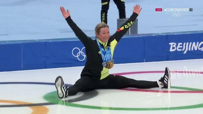 Claudia Pechstein (49yo German) Celebrating Finishing 9th On The Mass Start On Her 8th Winter Olympics