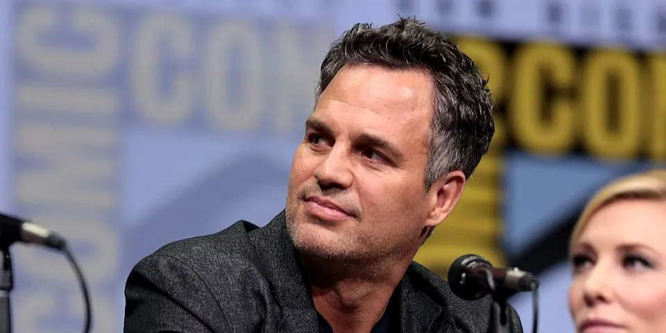 Mark Ruffalo speaking at a panel event, known for his role in the Marvel Cinematic Universe as an actor.