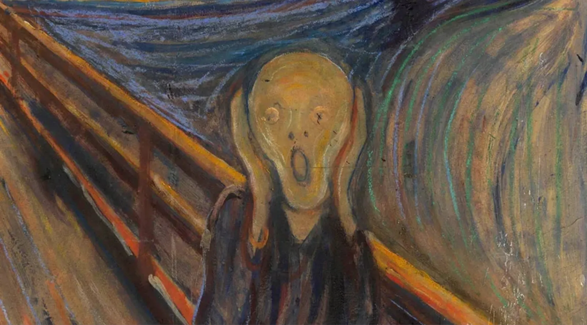 The Scream painting by Edvard Munch depicting a figure holding its face in a vivid, swirling landscape scene.