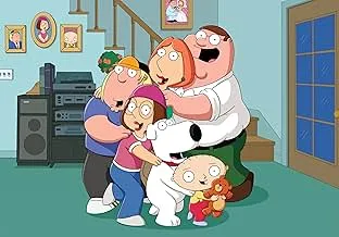 Family Guy characters Peter, Lois, Meg, Chris, Stewie, and Brian posing together in the living room.