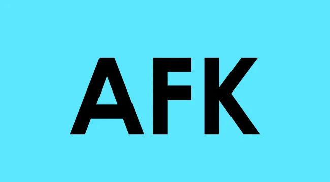 AFK acronym displayed in bold black letters on a bright blue background representing "be right back" in online chat.