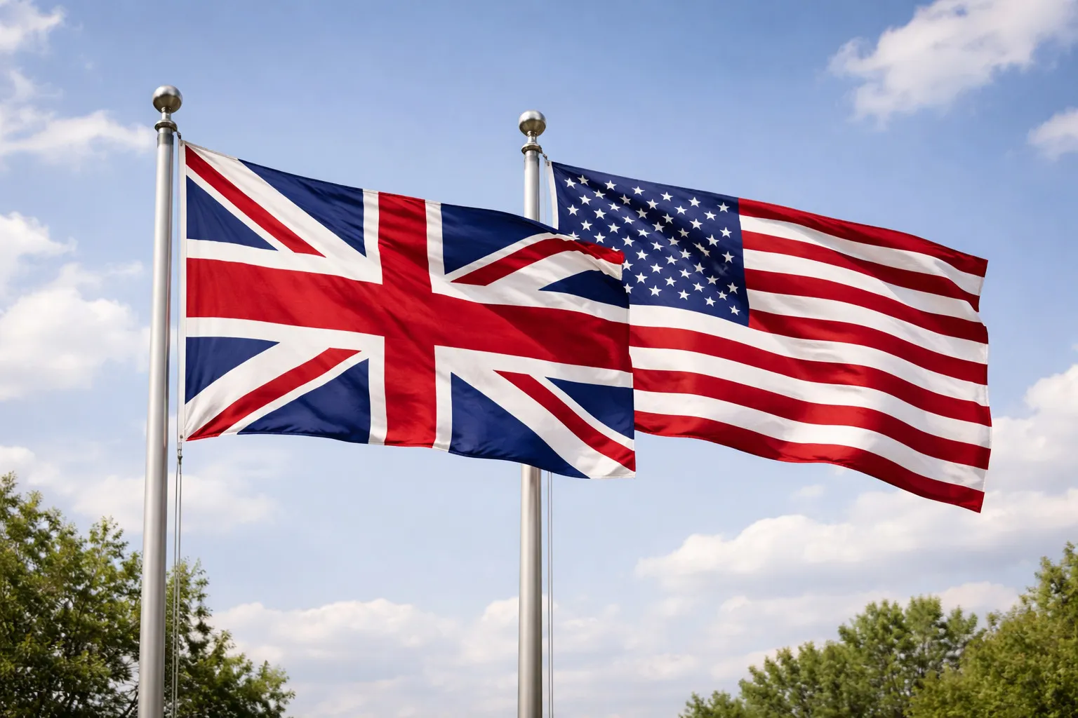 Union Jack and American flags flying on poles against a partly cloudy sky symbolizing US and UK teen pop culture connection.