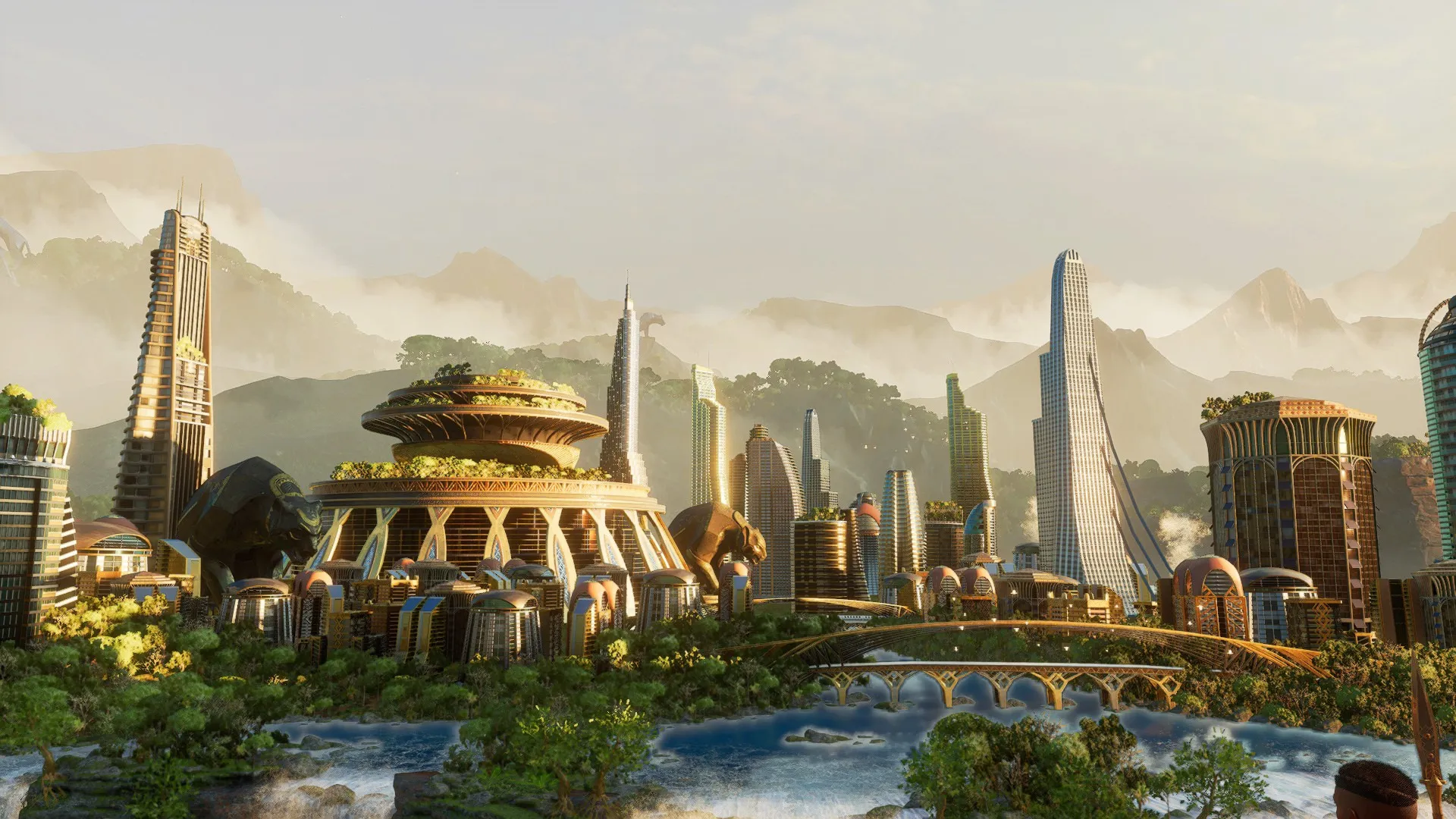 Futuristic cityscape of the fictional African nation Wakanda with advanced skyscrapers and lush greenery under a bright sky.