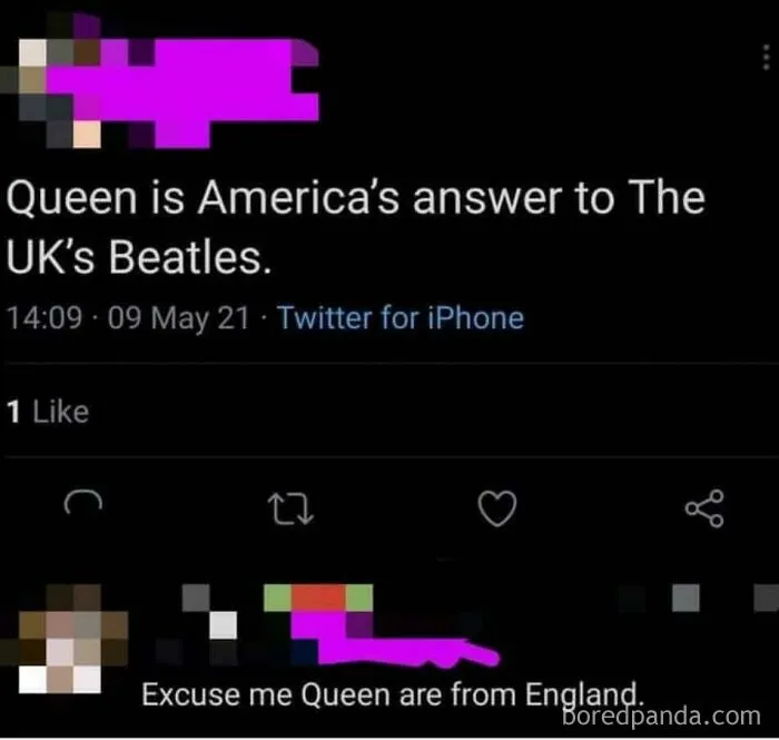 Twitter thread where a user calls Queen America's answer to The Beatles, showing Americans confidently posted mistakes.