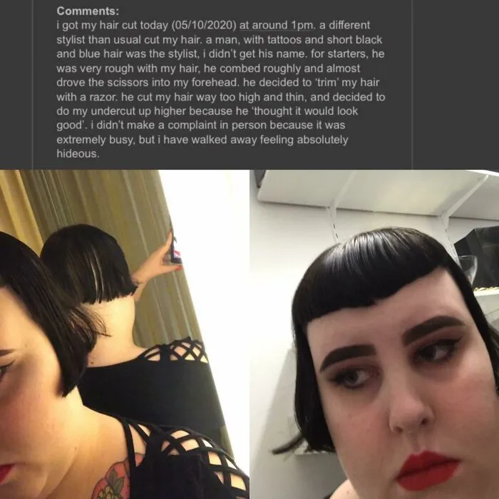Woman with a tragic haircut accident showing uneven, poorly cut short black hair after a hairstylist's rough trim.