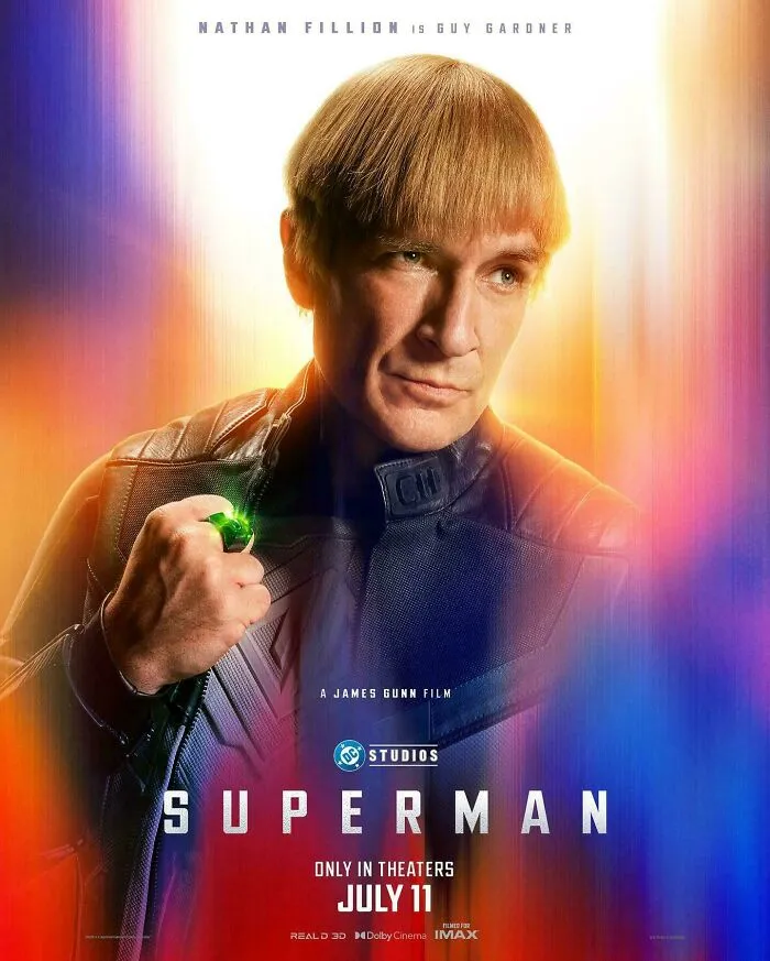 Man with a tragic haircut wearing a leather jacket, holding a glowing green ring against a colorful blurred background