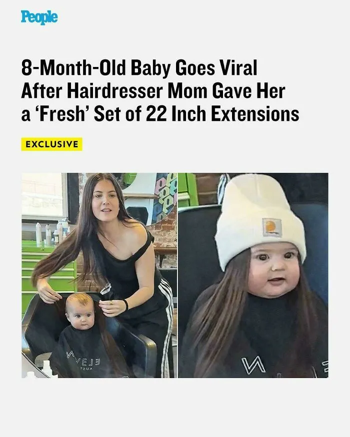 Baby with 22 inch hair extensions from hairstylist mom, illustrating tragic hair accidents and hairstylist trust issues.