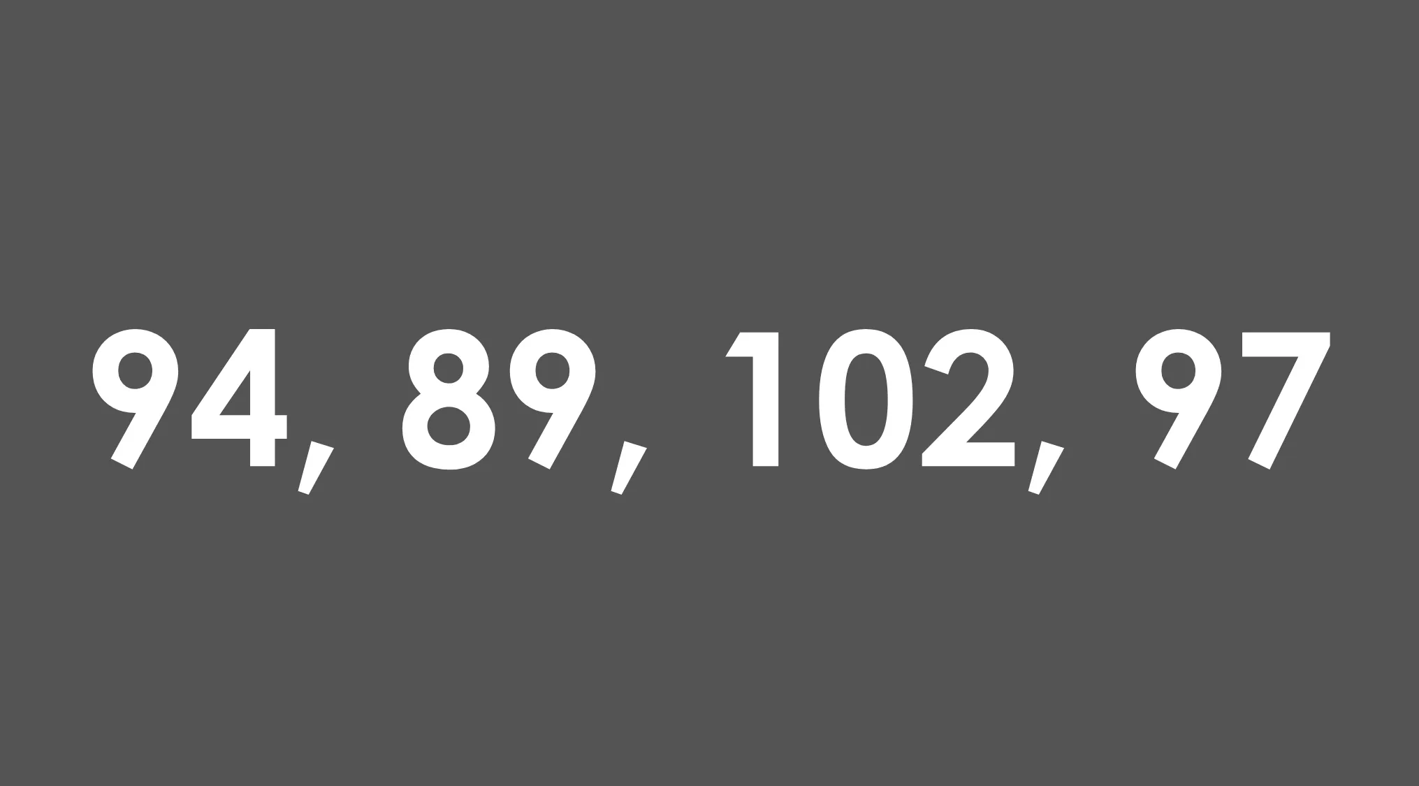 Numbers 94, 89, 102, and 97 displayed on a gray background to prove your basic math skills closest to 100 quiz.
