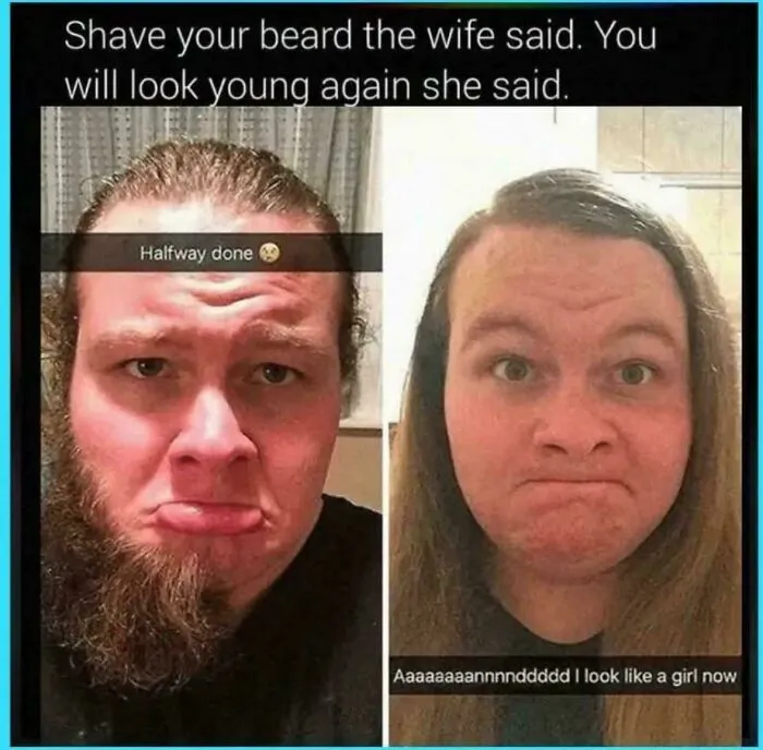 Man with a half-shaved beard and long hair shows a tragic hair accident that might make you rethink trusting a hairstylist.