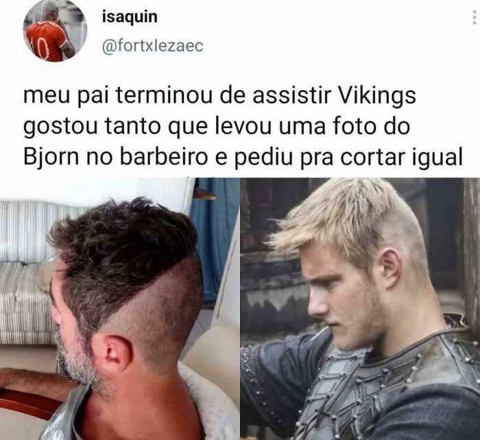 Hairstylist fail showing a man’s uneven Viking-inspired haircut compared to the original character’s styled look.