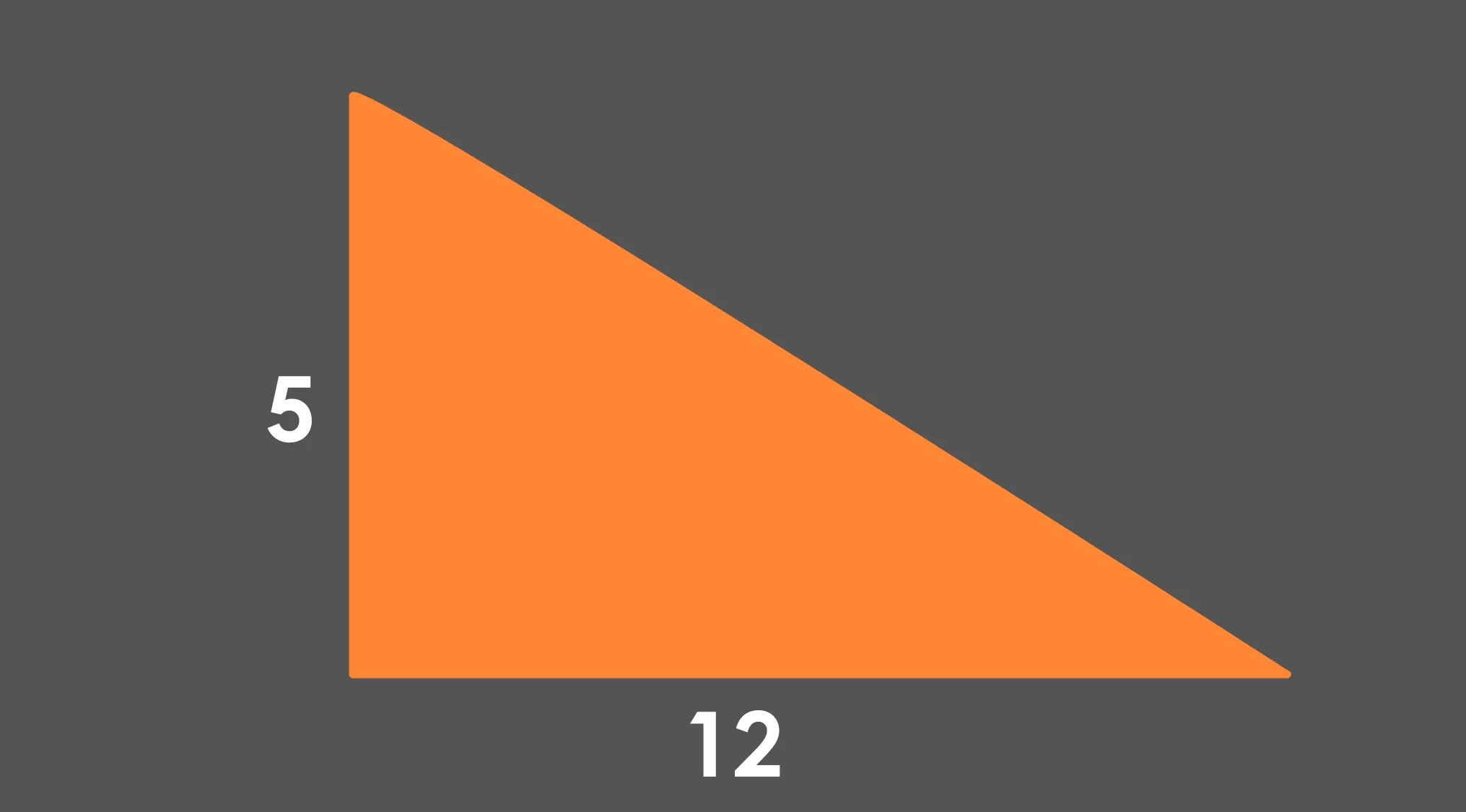Orange right triangle with base 12 and height 5 on dark gray background illustrating basic math skills.