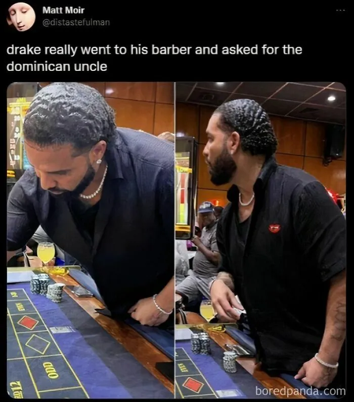 Man with a tragic hair accident at a casino table, showing a poorly styled and damaged hairdo by a hairstylist.