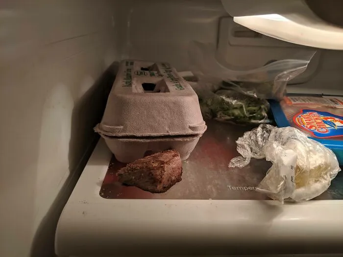 The Way My Dad Puts Things Away In The Fridge. This Is A Piece Of Steak