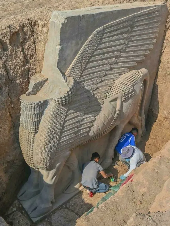Archaeologists Unearthing A Remarkable 2,700-Year-Old Assyrian Lamassu At Ancient Dur-Sharrukin, In What Is Now Modern-Day Iraq