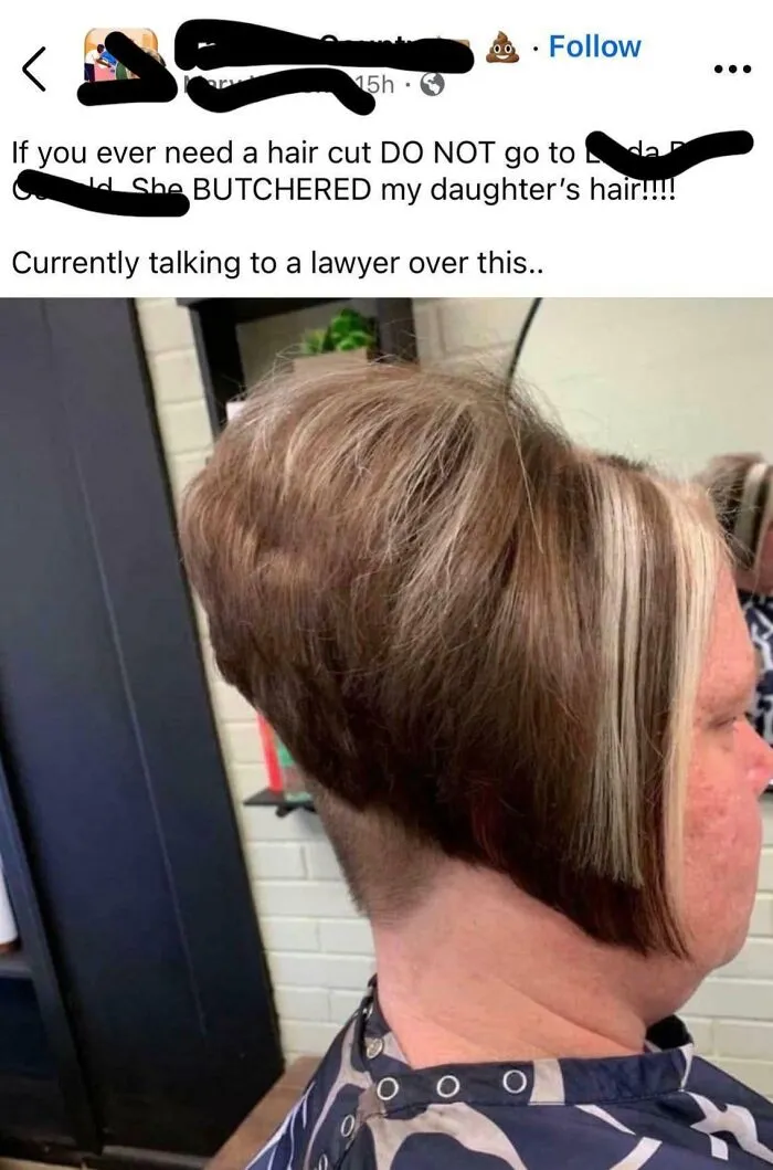 Woman with an uneven, badly cut hairstyle showing a tragic hair accident that questions trusting a hairstylist.