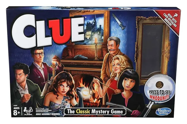 Clue board game box featuring classic mystery characters around a fireplace for a family game night.
