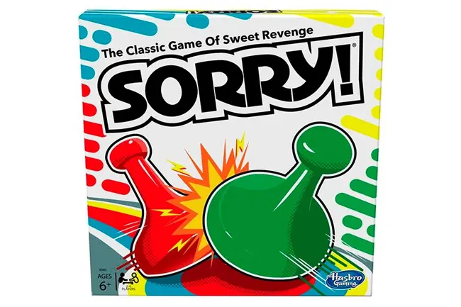 Sorry board game box featuring red and green pawns with colorful background, a classic board game night pick.