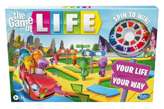 The Game of Life board game box showing colorful game pieces, car tokens, and a spin wheel for family fun.