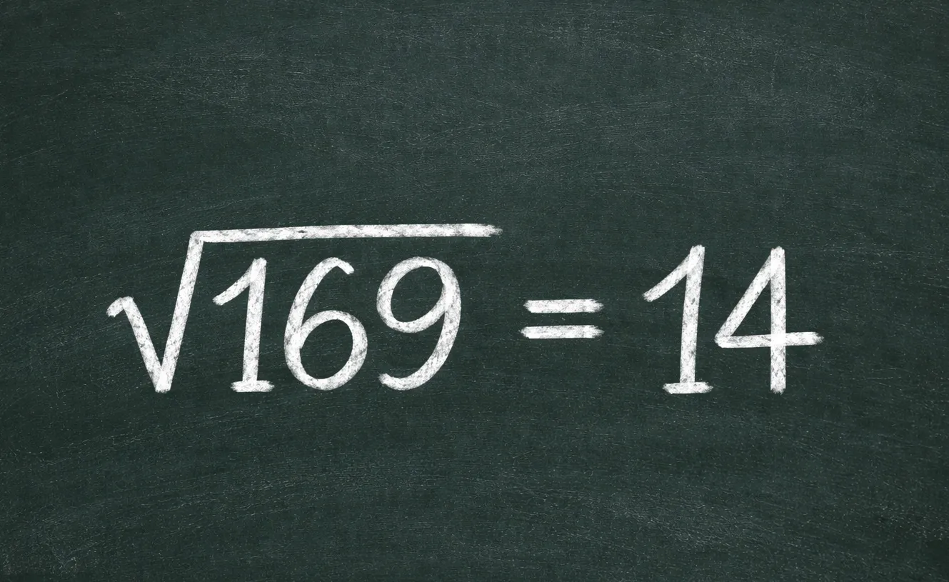 Chalkboard with a false math statement showing square root of 169 equals 14 in a general knowledge quiz style.