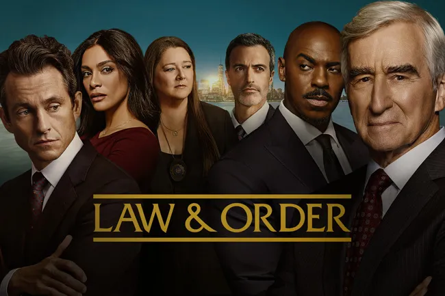 Cast of Law & Order in professional attire standing against a city skyline background for TV rerun promotion