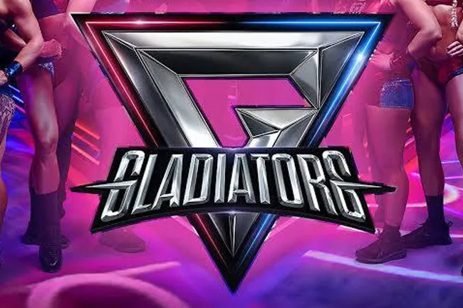 Gladiators logo with metallic triangle and contestants standing in a vibrant pink and purple lit arena setting.