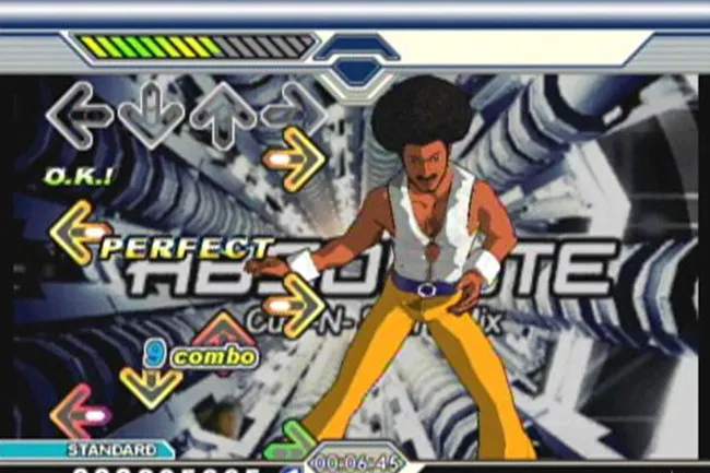 Dance Dance Revolution gameplay screen showing a character and directional arrows in a colorful arcade game.