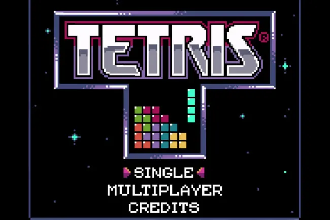 Tetris arcade game title screen with colorful falling blocks and options for single or multiplayer modes.