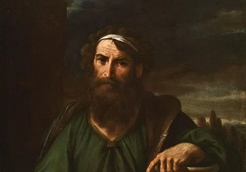 Portrait of an ancient Greek philosopher with a beard and green robe, symbolizing Athens and classical philosophy.