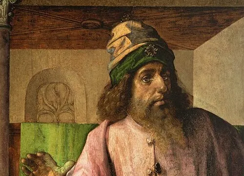 Ancient Greek philosopher wearing a colorful turban and robe, representing the figure sentenced for corrupting Athens youth.