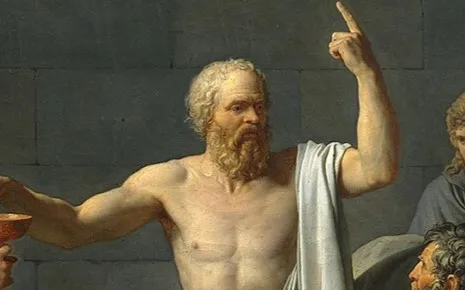 Ancient Greek philosopher Socrates depicted teaching and gesturing passionately in a classical setting.
