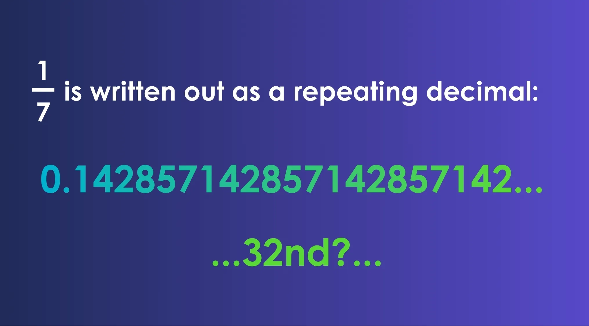 Fraction 1/7 shown as a repeating decimal with focus on finding the 32nd digit to the right of the decimal point.