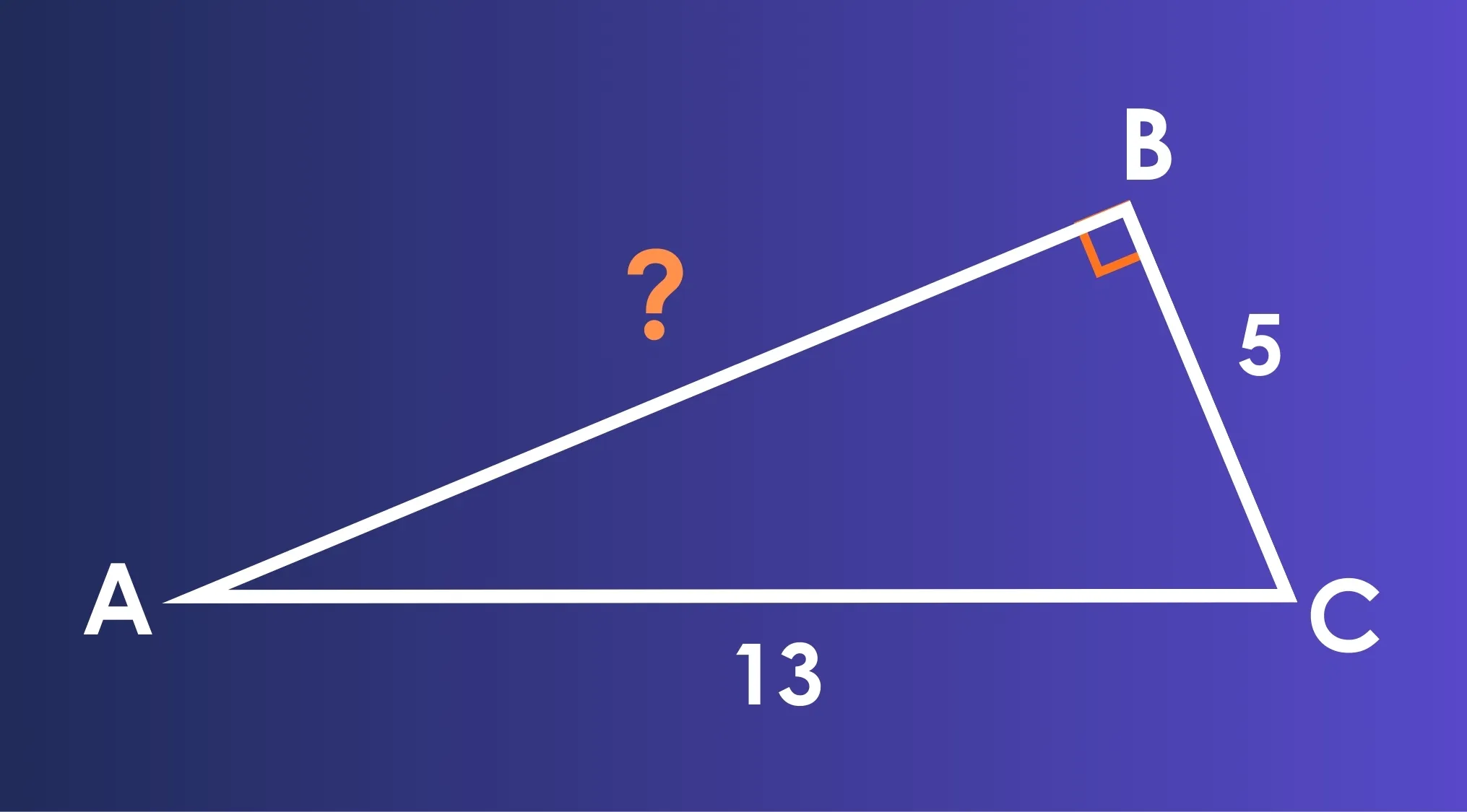 Right triangle ABC with a right angle at B, side BC of 5, hypotenuse AC of 13, and unknown side AB.