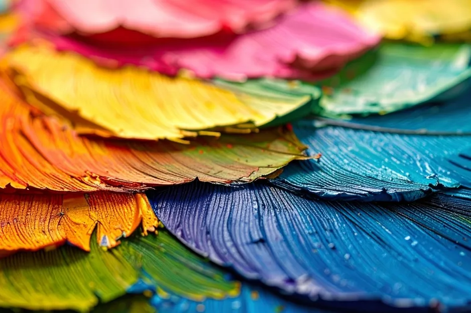 Close-up of thick, textured acrylic paints in various colors spread in overlapping strokes for painting setup.