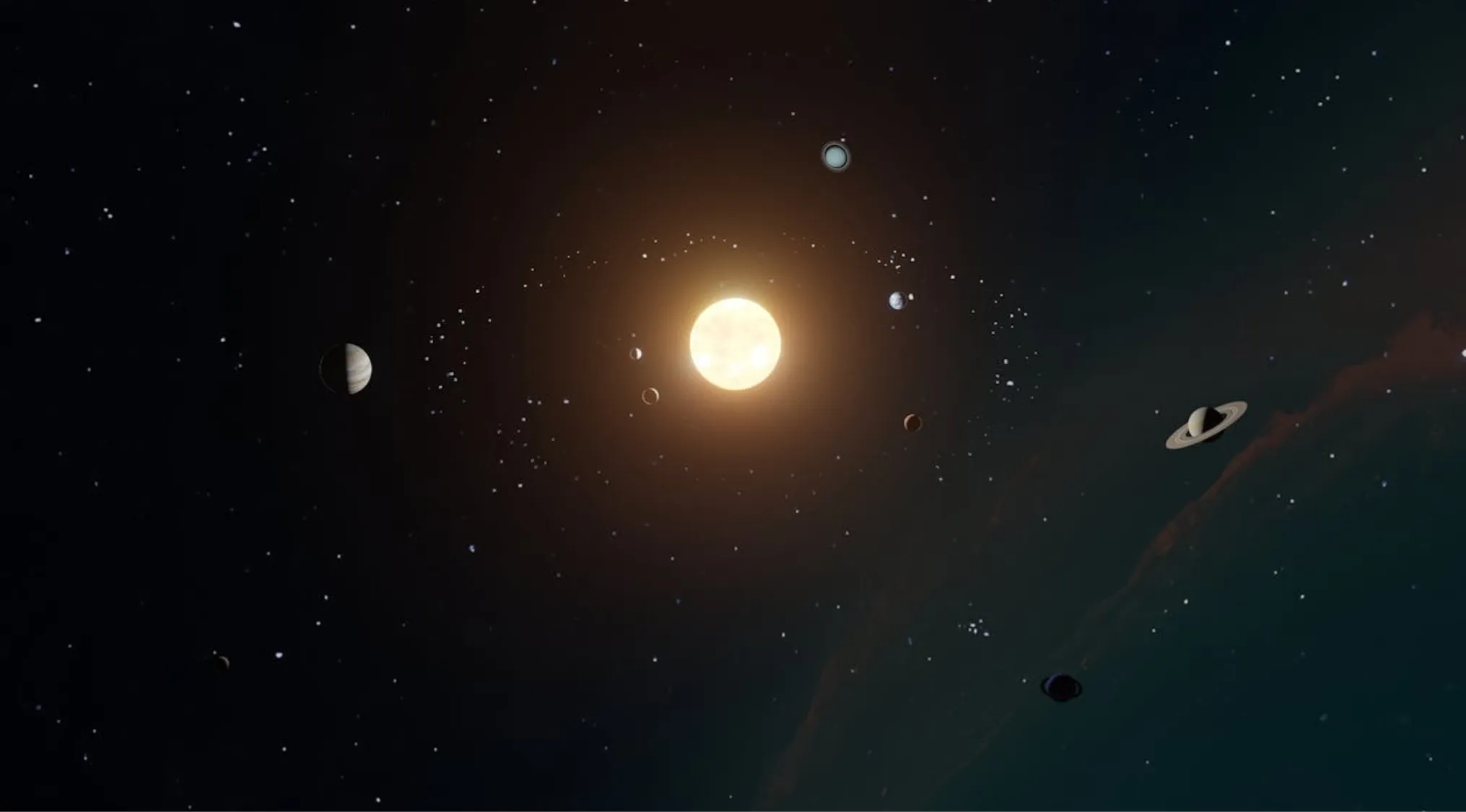 Solar system with planets orbiting the sun, highlighting the largest planet in our solar system Jupiter visible on the left.