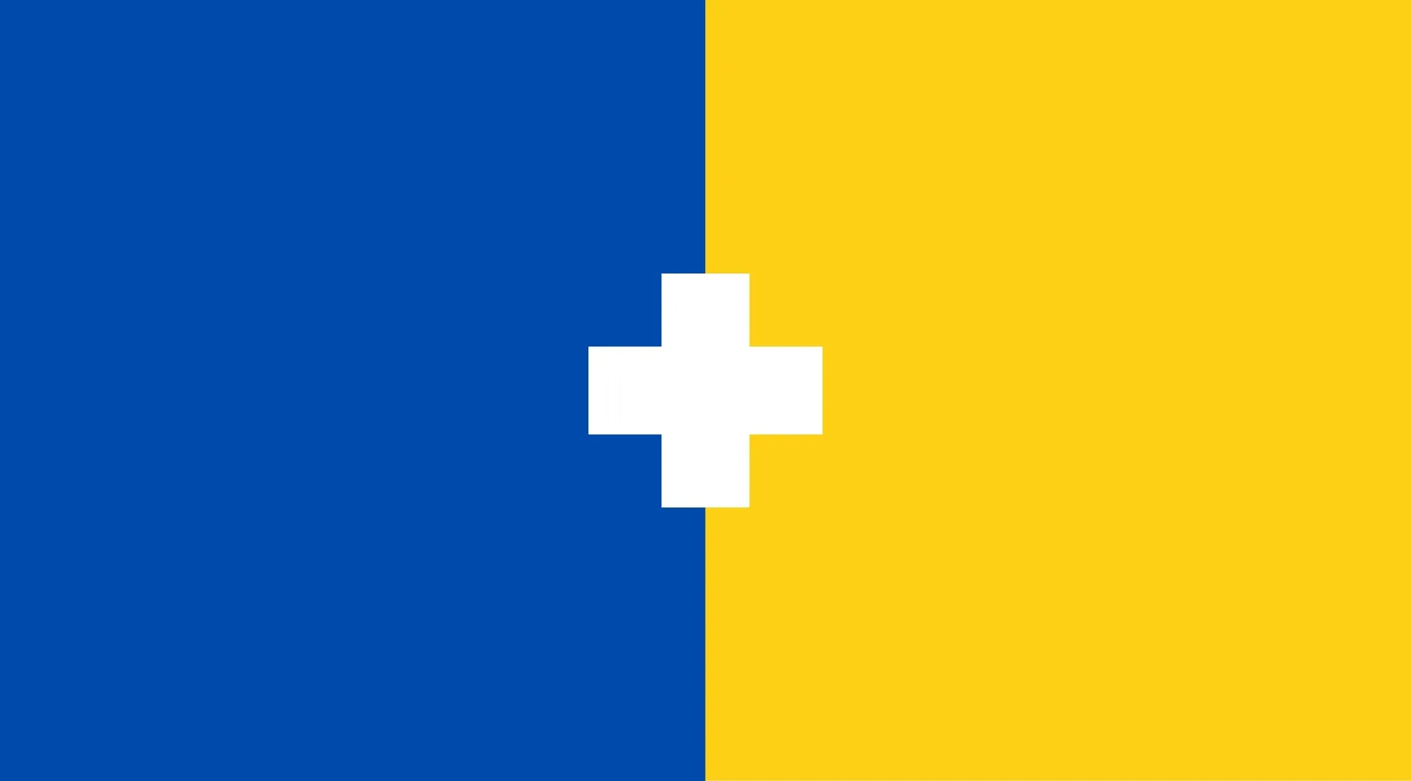 Blue and yellow color blocks separated by a white plus sign illustrating what color you get when you mix blue and yellow.