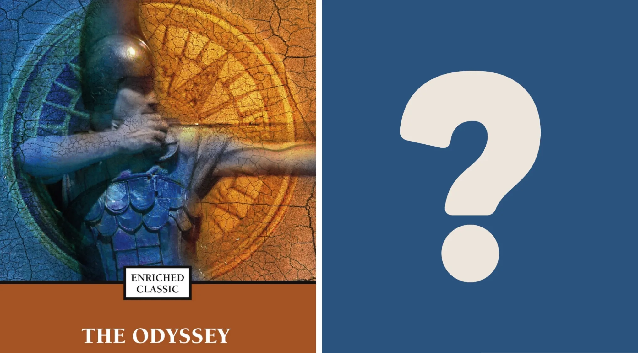 Book cover of The Odyssey featuring a Greek warrior statue and a large question mark on a blue background.