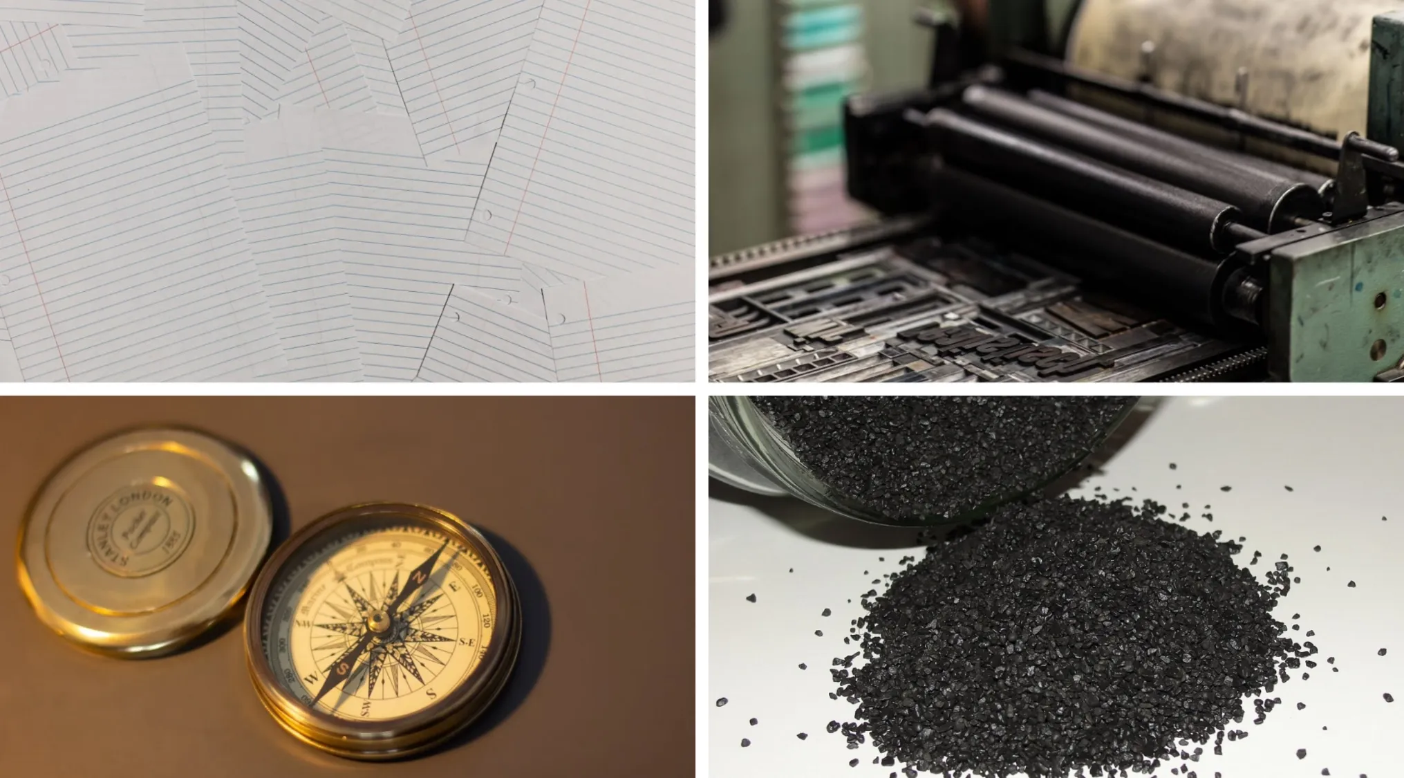 Paper, printing machine, a brass compass, and loose black gunpowder representing four great inventions of a country.