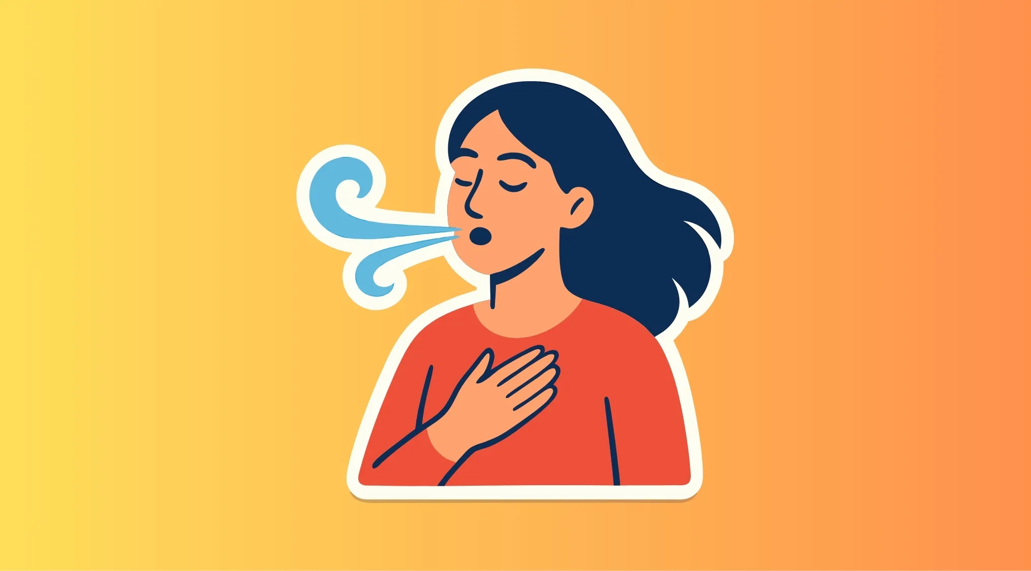 Woman exhaling with hand on chest, symbolizing the gas humans breathe out in a general knowledge concept.