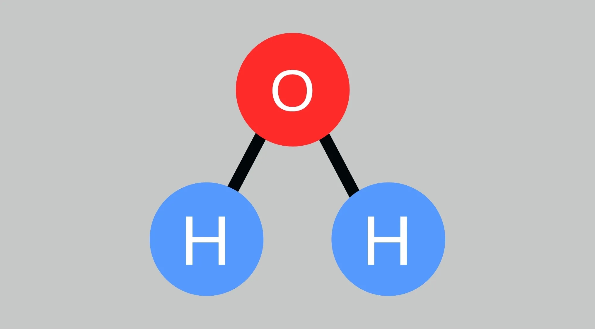 Simplified molecular structure of water showing the chemical formula H2O with oxygen in red and hydrogen in blue.