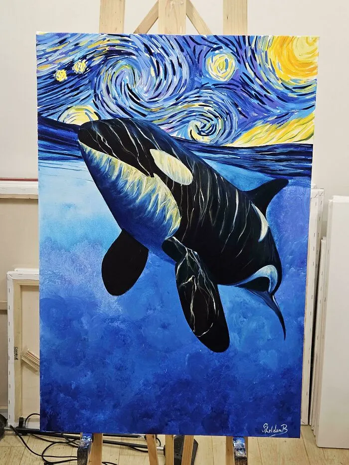 Pinté una orca bajo el cielo estrellado de Van Gogh