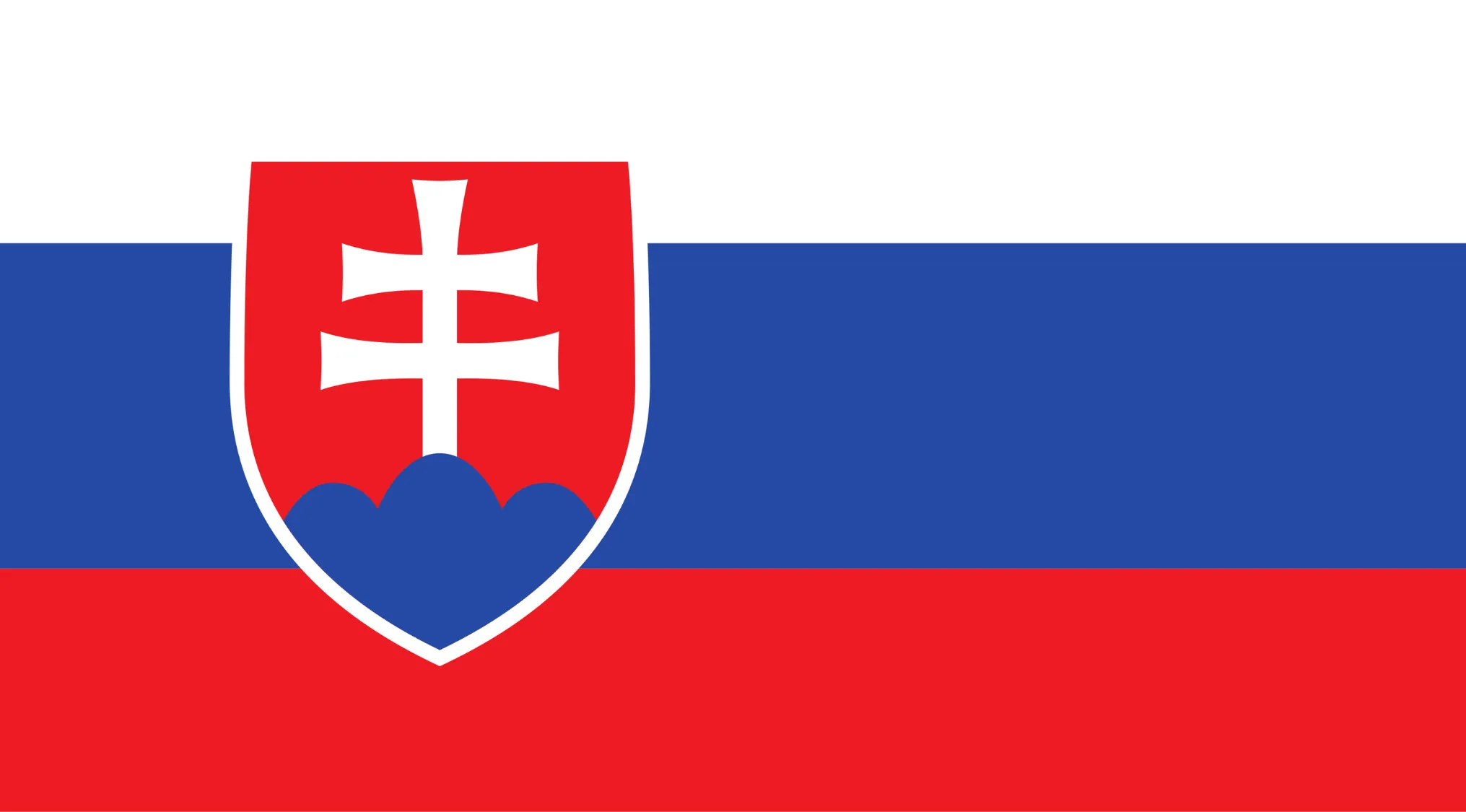 Slovakia's flag with horizontal white, blue, and red stripes and a red shield featuring a white double cross on hills.