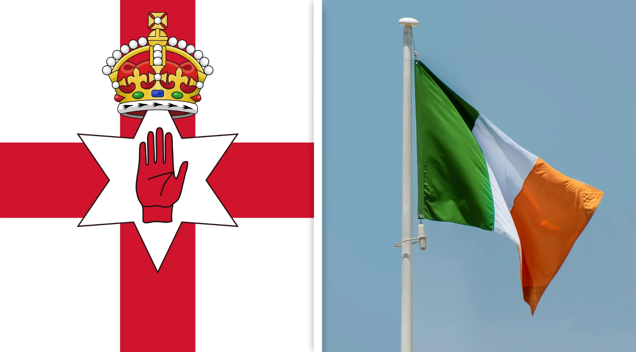 The flag on the left is from Northern Ireland, and the one on the right from Ireland, countries often mixed up.