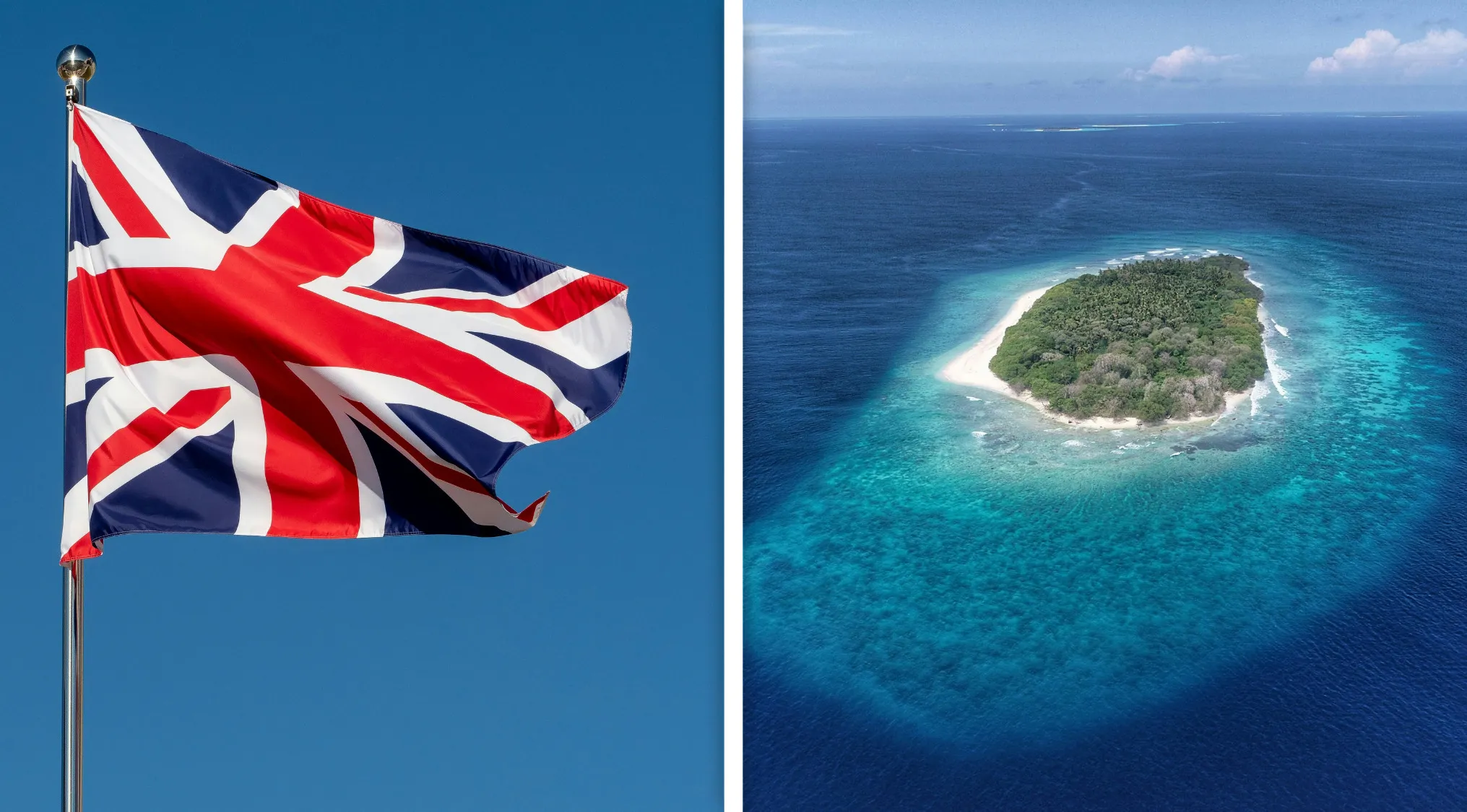 Union Jack flag flying against clear blue sky beside an aerial view of a British island territory surrounded by ocean.
