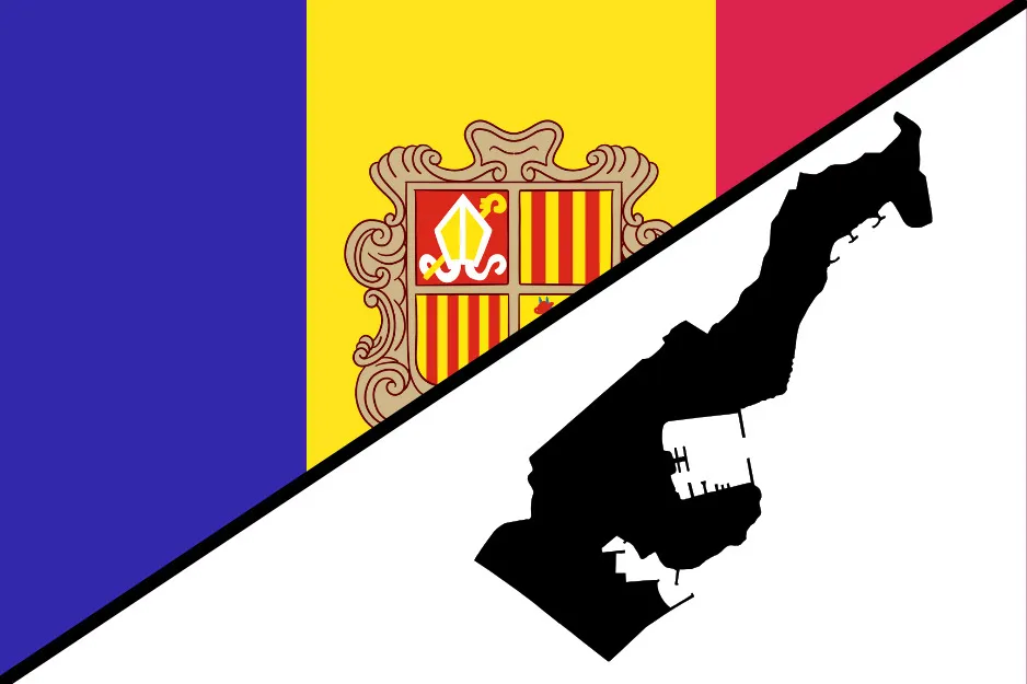 Andorra flag on the left with a black map silhouette on the right, questioning flags correctly placed on territories.
